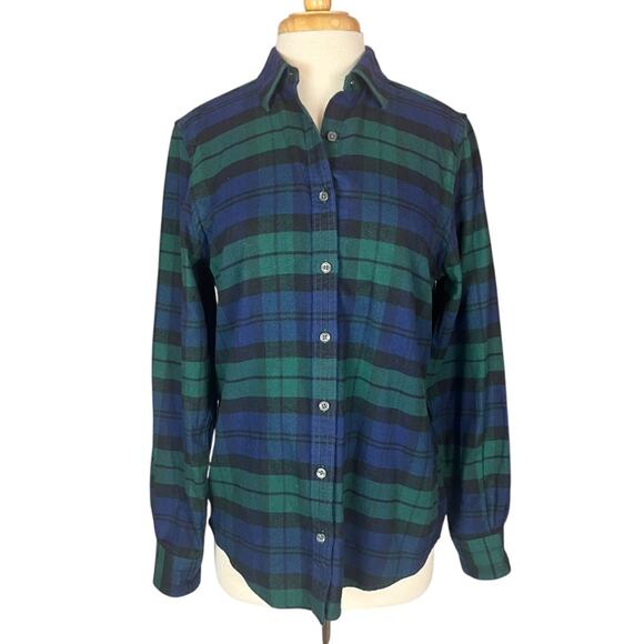 Lands End Plaid Flannel Button Down Shirt Womens 10 Blue Green Tartan Boyfriend - Picture 1 of 8